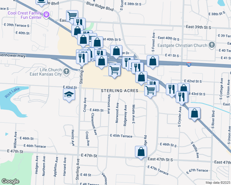 map of restaurants, bars, coffee shops, grocery stores, and more near 11601 East 43rd Street in Kansas City