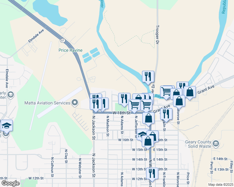 map of restaurants, bars, coffee shops, grocery stores, and more near 2005 North Adams Street in Junction City
