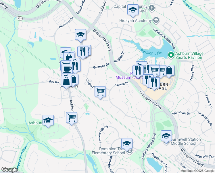 map of restaurants, bars, coffee shops, grocery stores, and more near 20698 Tally Ho Court in Ashburn