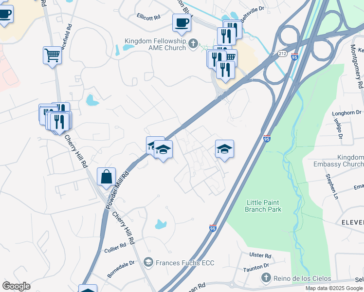 map of restaurants, bars, coffee shops, grocery stores, and more near 11368 Evans Trail in Beltsville