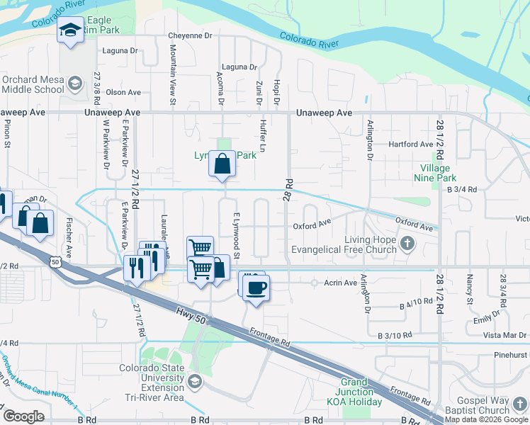 map of restaurants, bars, coffee shops, grocery stores, and more near 266 West Hanover Circle in Grand Junction