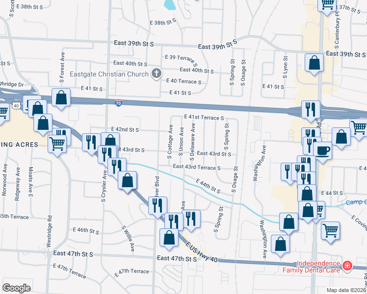 map of restaurants, bars, coffee shops, grocery stores, and more near 4224 South Delaware Avenue in Independence