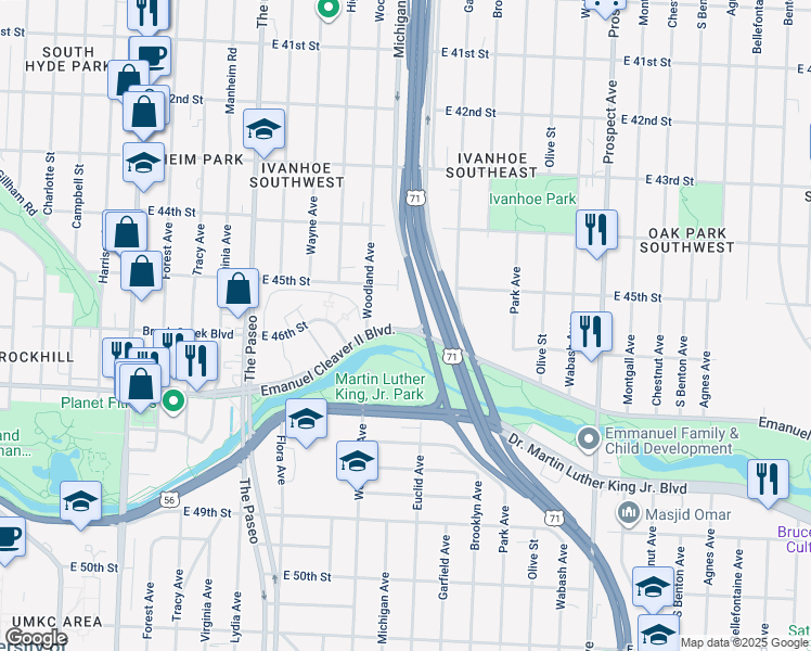 map of restaurants, bars, coffee shops, grocery stores, and more near 1806-1998 Emanuel Cleaver II Blvd in Kansas City