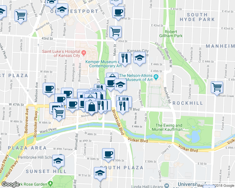 map of restaurants, bars, coffee shops, grocery stores, and more near 32 East 46th Street in Kansas City