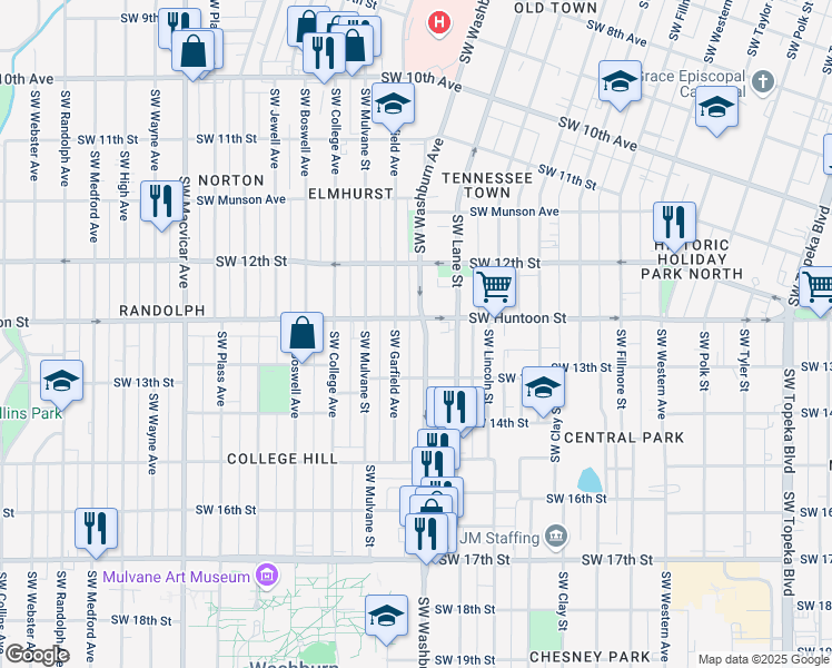 map of restaurants, bars, coffee shops, grocery stores, and more near 1259 Southwest Washburn Avenue in Topeka