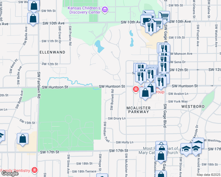 map of restaurants, bars, coffee shops, grocery stores, and more near 1260 Southwest Indian Trail Court in Topeka