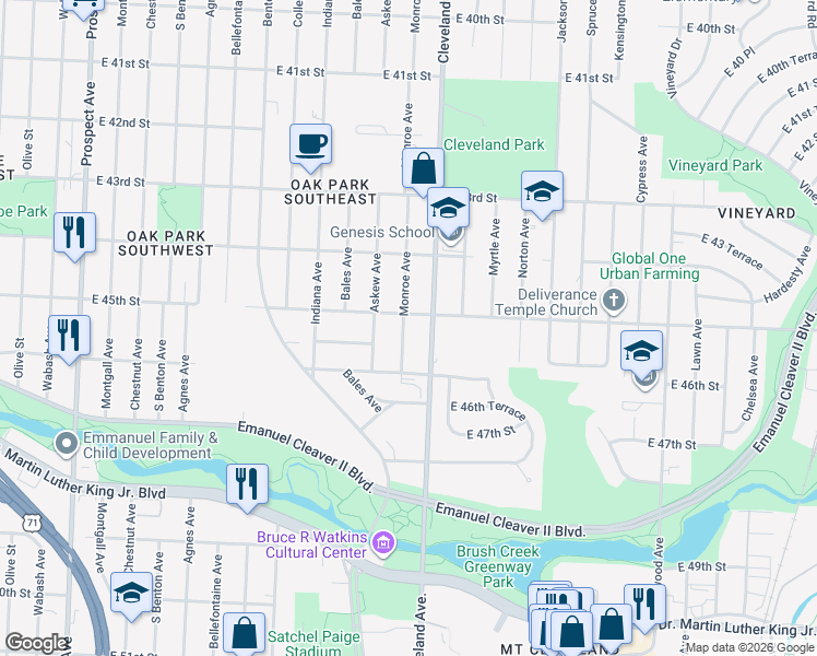 map of restaurants, bars, coffee shops, grocery stores, and more near 4514 Monroe Avenue in Kansas City