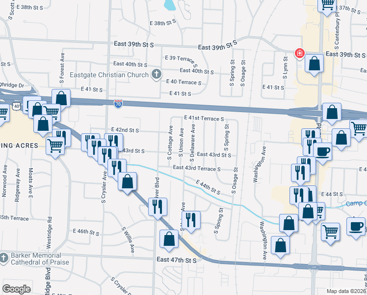 map of restaurants, bars, coffee shops, grocery stores, and more near 4224 South Delaware Avenue in Independence