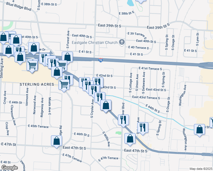 map of restaurants, bars, coffee shops, grocery stores, and more near 12310 East 43rd Street South in Independence