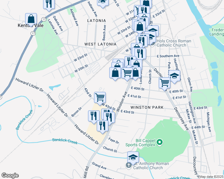 map of restaurants, bars, coffee shops, grocery stores, and more near 4101 Winston Avenue in Covington