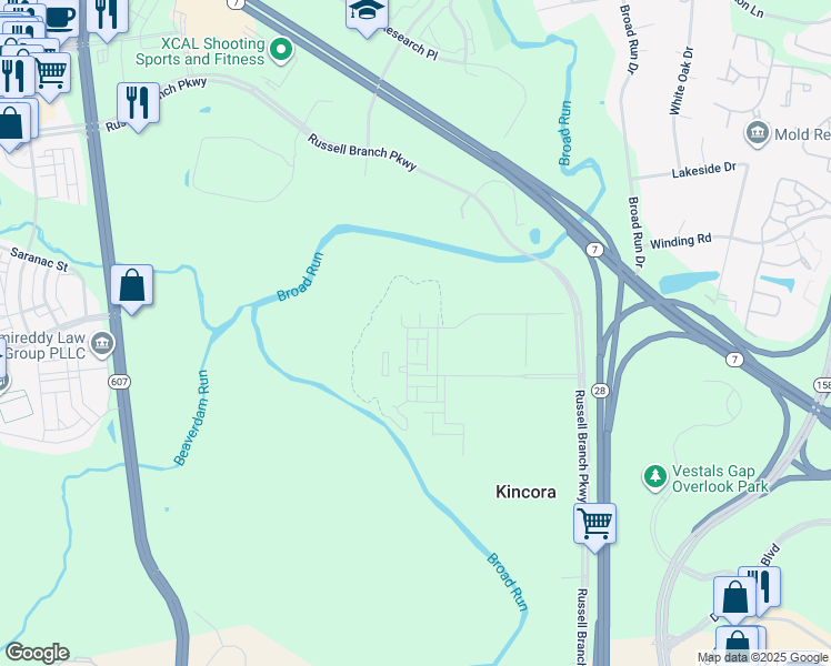 map of restaurants, bars, coffee shops, grocery stores, and more near 45143 Admiral Drive in Sterling