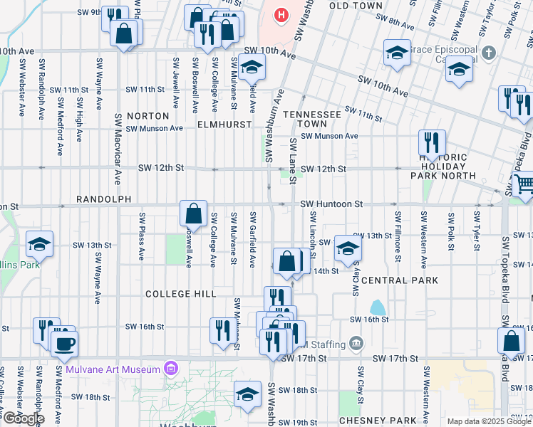map of restaurants, bars, coffee shops, grocery stores, and more near 1259 Southwest Washburn Avenue in Topeka