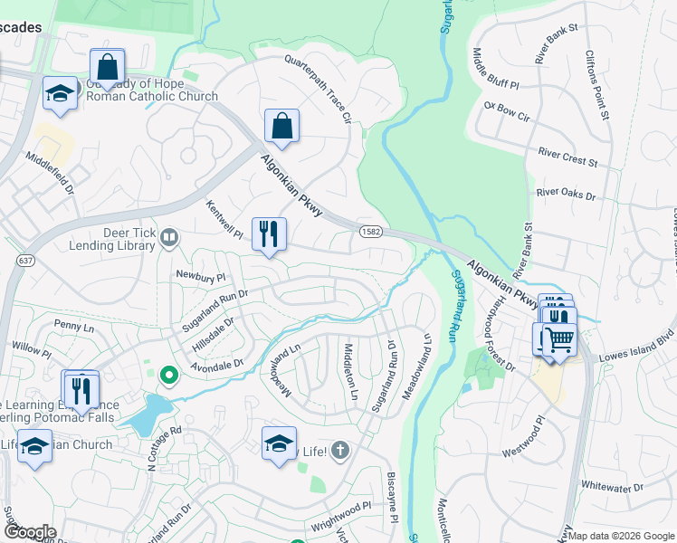 map of restaurants, bars, coffee shops, grocery stores, and more near 430 Sugarland Run Drive in Sterling