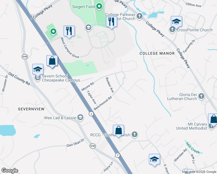 map of restaurants, bars, coffee shops, grocery stores, and more near 1186 Bunker Avenue in Arnold