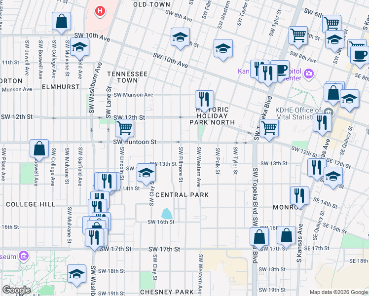 map of restaurants, bars, coffee shops, grocery stores, and more near 1257 Southwest Fillmore Street in Topeka