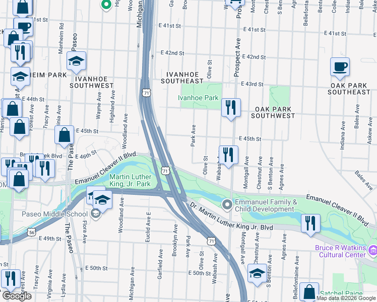 map of restaurants, bars, coffee shops, grocery stores, and more near 4433 Brooklyn Avenue in Kansas City