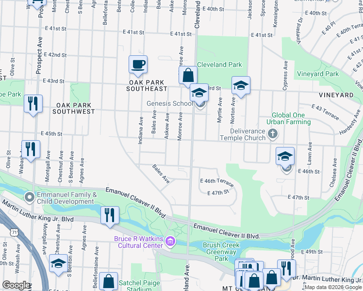 map of restaurants, bars, coffee shops, grocery stores, and more near 4514 Monroe Avenue in Kansas City