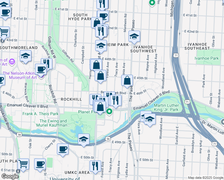 map of restaurants, bars, coffee shops, grocery stores, and more near 1218 Brush Creek Boulevard in Kansas City