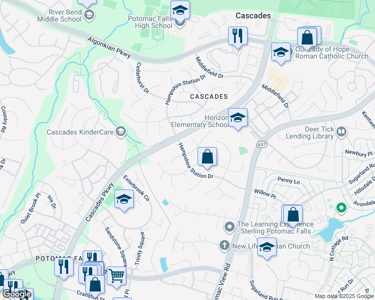 map of restaurants, bars, coffee shops, grocery stores, and more near 46530 Pebblebrook Place in Sterling
