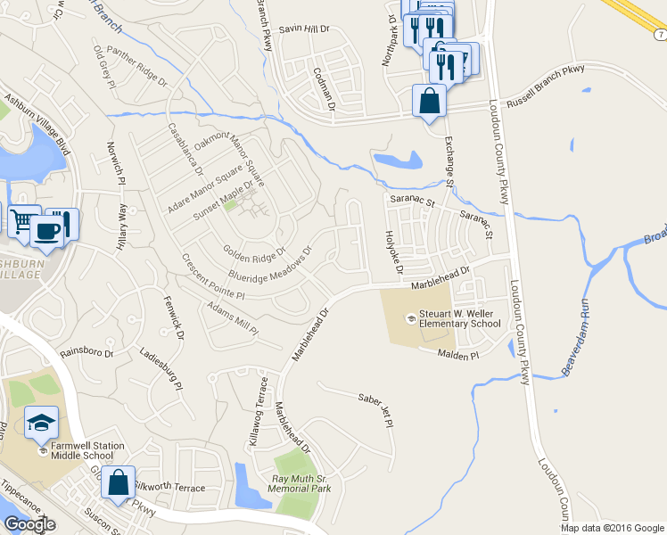 map of restaurants, bars, coffee shops, grocery stores, and more near 20743 Crescent Pointe Place in Ashburn