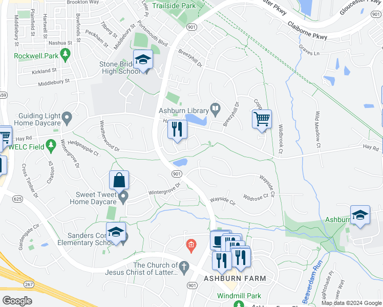 map of restaurants, bars, coffee shops, grocery stores, and more near 43295 Chokeberry Square in Ashburn