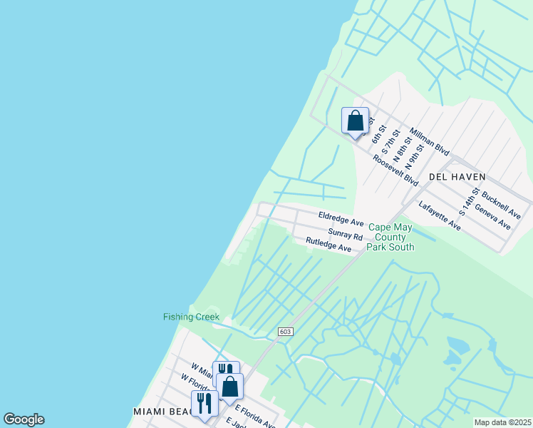 map of restaurants, bars, coffee shops, grocery stores, and more near 216 Sunray Road in Middle Township