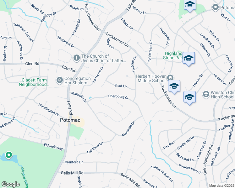 map of restaurants, bars, coffee shops, grocery stores, and more near 9021 Cherbourg Drive in Potomac