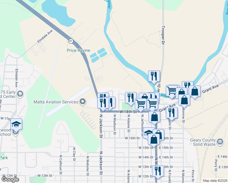map of restaurants, bars, coffee shops, grocery stores, and more near 442 West 18th Street in Junction City