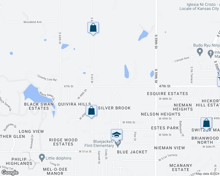 map of restaurants, bars, coffee shops, grocery stores, and more near 4700 Bond Street in Shawnee