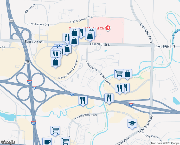 map of restaurants, bars, coffee shops, grocery stores, and more near 3980 South Jackson Drive in Independence