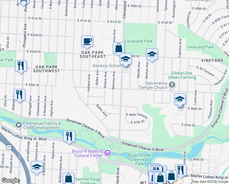 map of restaurants, bars, coffee shops, grocery stores, and more near 4514 Monroe Avenue in Kansas City