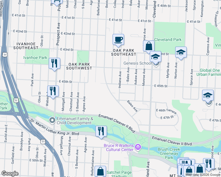 map of restaurants, bars, coffee shops, grocery stores, and more near 4516 Benton Boulevard in Kansas City