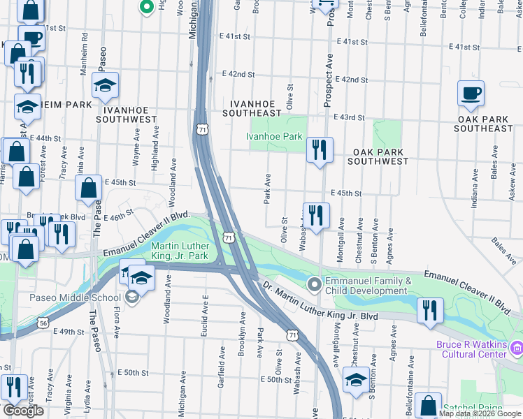 map of restaurants, bars, coffee shops, grocery stores, and more near 4433 Brooklyn Avenue in Kansas City