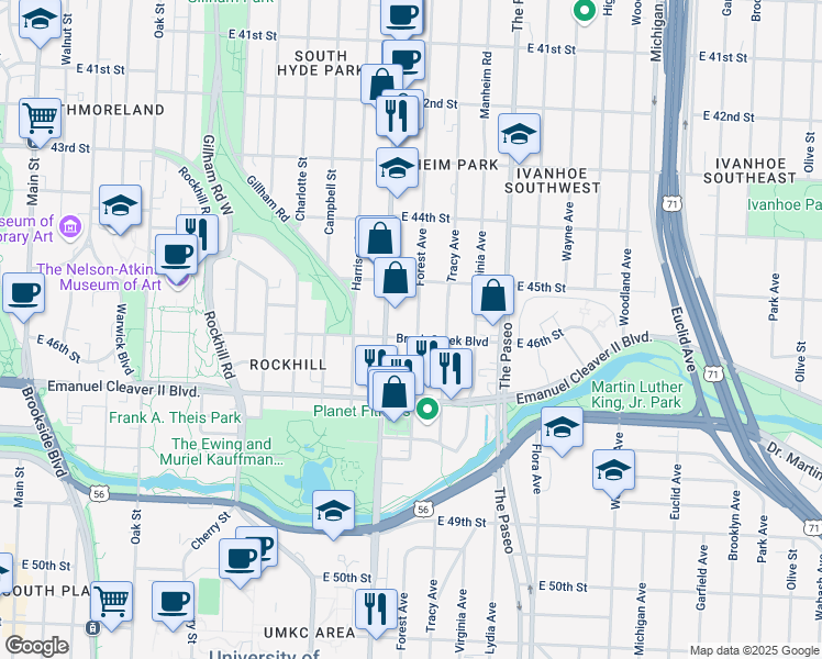map of restaurants, bars, coffee shops, grocery stores, and more near 1119 Brush Creek Boulevard in Kansas City