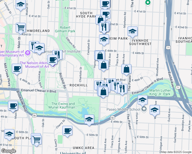 map of restaurants, bars, coffee shops, grocery stores, and more near 4601 Harrison Street in Kansas City