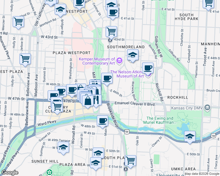 map of restaurants, bars, coffee shops, grocery stores, and more near 4550 Main Street in Kansas City