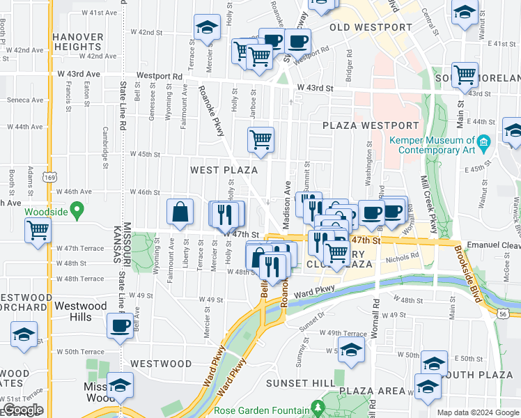 map of restaurants, bars, coffee shops, grocery stores, and more near 4614 Roanoke Parkway in Kansas City