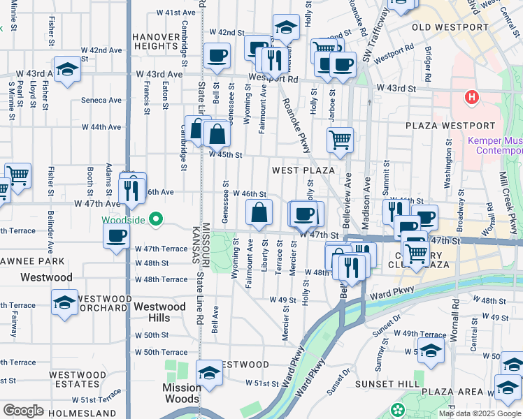 map of restaurants, bars, coffee shops, grocery stores, and more near 4626 Liberty Street in Kansas City