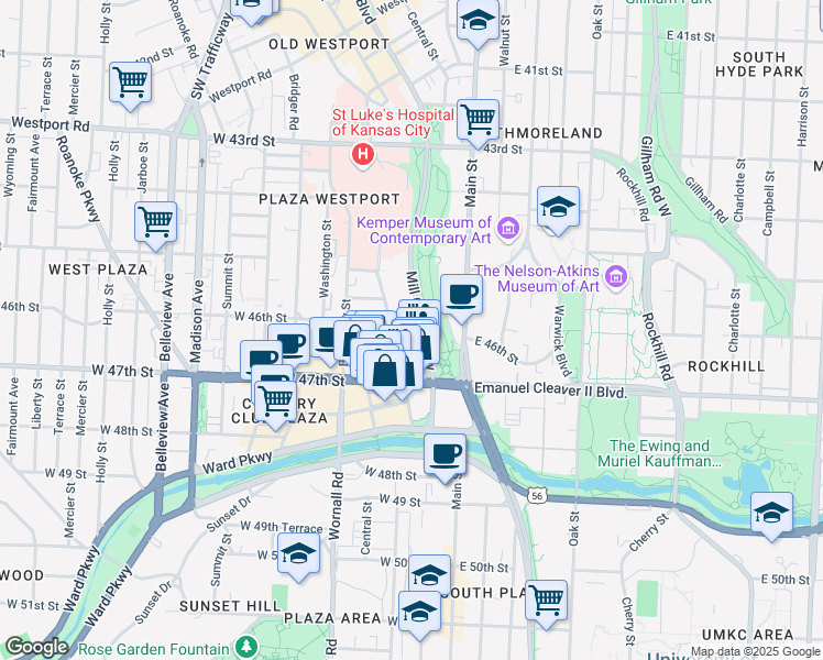 map of restaurants, bars, coffee shops, grocery stores, and more near West 47th Street in Kansas City
