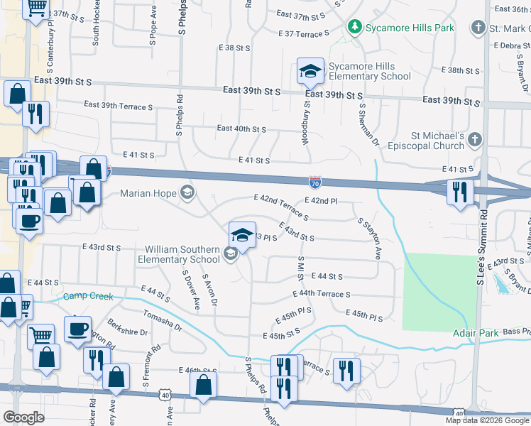 map of restaurants, bars, coffee shops, grocery stores, and more near 15205 East 43rd Street South in Independence