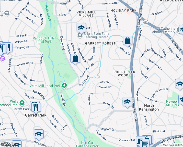 map of restaurants, bars, coffee shops, grocery stores, and more near 4224 Ivy Glen Road in Silver Spring