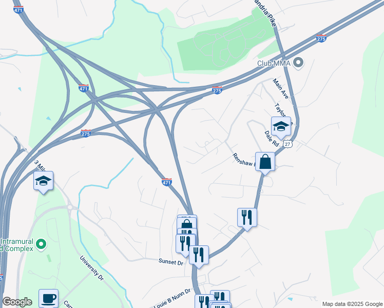 map of restaurants, bars, coffee shops, grocery stores, and more near 313 Davis Road in Highland Heights