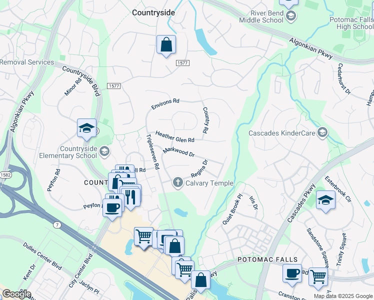 map of restaurants, bars, coffee shops, grocery stores, and more near 222 Markwood Drive in Sterling