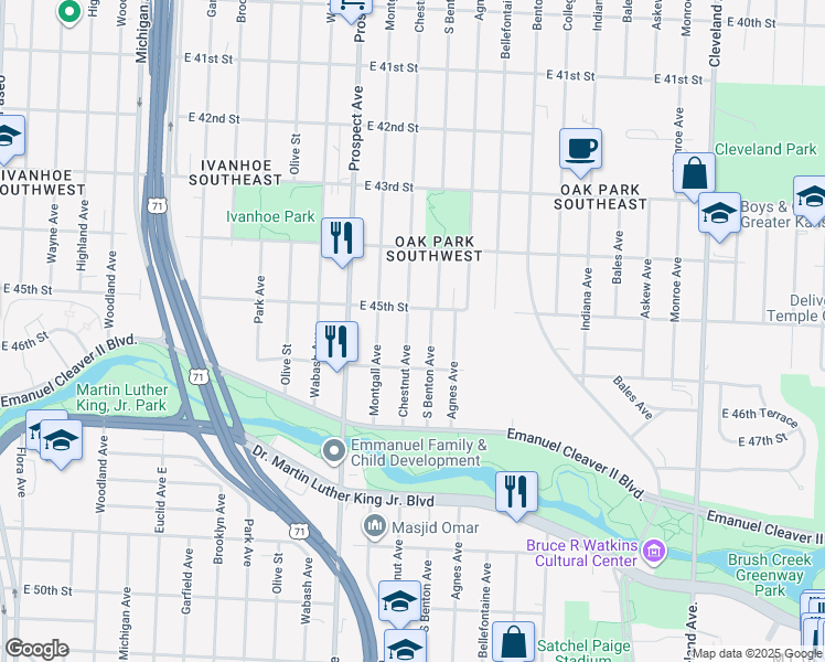 map of restaurants, bars, coffee shops, grocery stores, and more near 4519 Chestnut Avenue in Kansas City