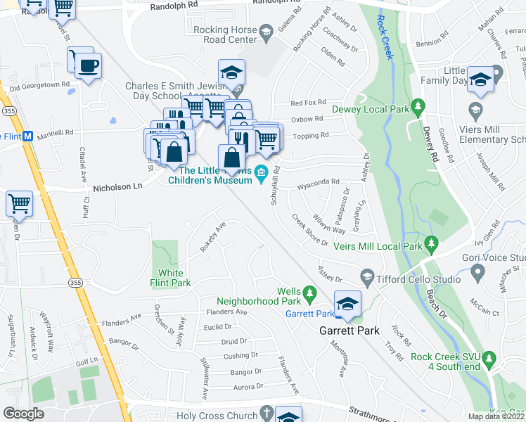 map of restaurants, bars, coffee shops, grocery stores, and more near 4920 Wyaconda Road in Rockville