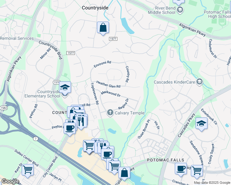 map of restaurants, bars, coffee shops, grocery stores, and more near 222 Markwood Drive in Sterling