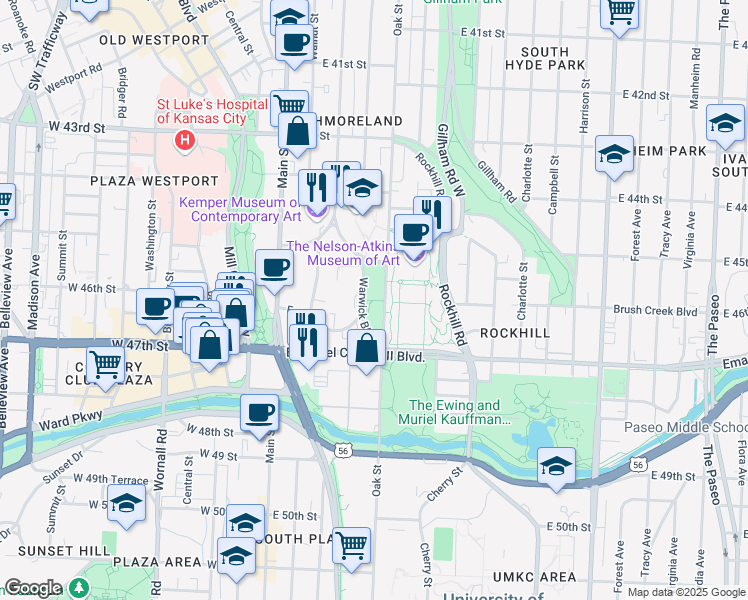 map of restaurants, bars, coffee shops, grocery stores, and more near 4600 Oak Street in Kansas City