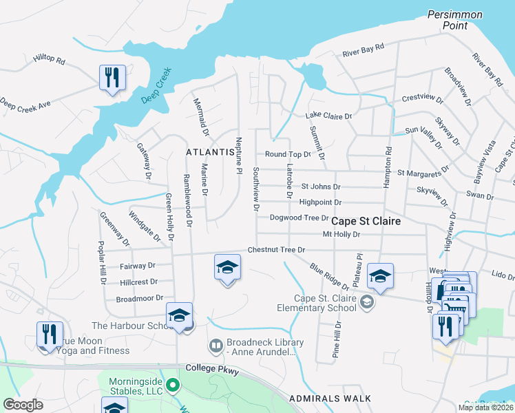 map of restaurants, bars, coffee shops, grocery stores, and more near 1190 Southview Drive in Annapolis