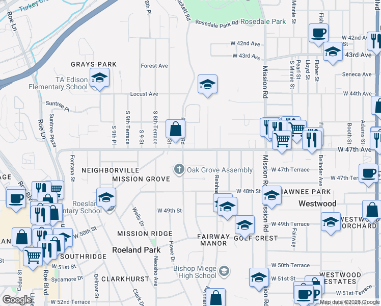 map of restaurants, bars, coffee shops, grocery stores, and more near 3606 West 47th Place in Roeland Park