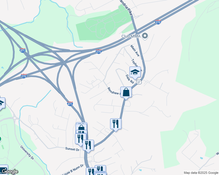 map of restaurants, bars, coffee shops, grocery stores, and more near 23 Renshaw Road in Highland Heights